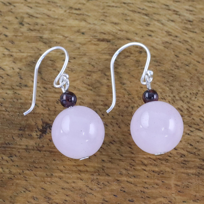 Rose quartz and garnet dangle earrings, 'Sweet Candy' - Rose Quartz and Garnet Beaded Dangle Earrings