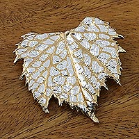 Gold and silver plated natural leaf brooch, 'Grape Leaf Harmony' - Thai Gold and Silver Plated Natural Grape Leaf Brooch