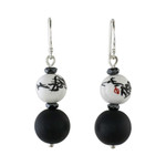 Onyx and ceramic dangle earrings, 'Night Lotus' - Artisan Handmade Onyx Hematite 925 Sterling Silver Earrings