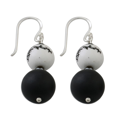Onyx and ceramic dangle earrings, 'Night Lotus' - Artisan Handmade Onyx Hematite 925 Sterling Silver Earrings