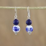 Lapis lazuli and ceramic dangle earrings, 'Ming Lotus' - Artisan Handmade 925 Sterling Silver Lapis Lazuli Earrings