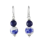 Lapis lazuli and ceramic dangle earrings, 'Ming Lotus' - Artisan Handmade 925 Sterling Silver Lapis Lazuli Earrings