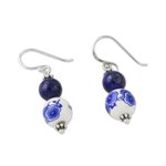 Lapis lazuli and ceramic dangle earrings, 'Ming Lotus' - Artisan Handmade 925 Sterling Silver Lapis Lazuli Earrings