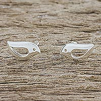 Sterling silver stud earrings, 'Petite Bird' - Artisan Handmade 925 Sterling Silver Bird Earrings Thailand