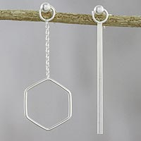 Sterling silver dangle earrings, 'Icy Holiday' - Artisan Handmade 925 Sterling Silver Earrings Hexagon Chain