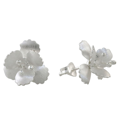 Sterling silver button earrings, 'Petite Blossoms' - Floral Sterling Silver Button Earrings from Thailand