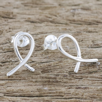 Sterling silver drop earrings, 'Gleaming Ribbon' - Ribbon-Shaped Sterling Silver Drop Earrings from Thailand