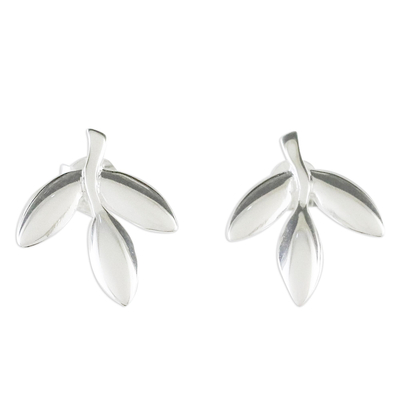 Leaf-Shaped Sterling Silver Button Earrings from Thailand
