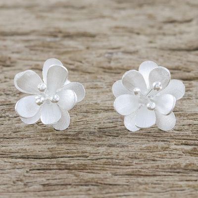 Sterling silver button earrings, 'Fantastic Blossoms' - Flower-Shaped Sterling Silver Button Earrings from Thailand