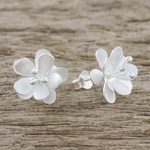 Sterling silver button earrings, 'Fantastic Blossoms' - Flower-Shaped Sterling Silver Button Earrings from Thailand