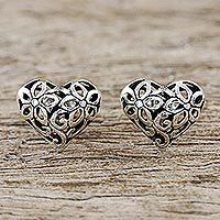 Sterling silver stud earrings, 'Petaled Hearts' - Floral Heart-Shaped Sterling Silver Earrings from Thailand