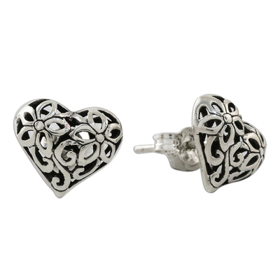Sterling silver stud earrings, 'Petaled Hearts' - Floral Heart-Shaped Sterling Silver Earrings from Thailand