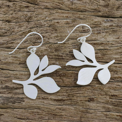 Sterling silver dangle earrings, 'Snowy Leaves' - Leafy Sterling Silver Dangle Earrings from Thailand