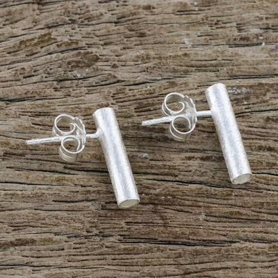 Sterling silver drop earrings, 'Gleaming Tubes' - Cylindrical Sterling Silver Drop Earrings from Thailand