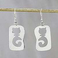 Sterling silver dangle earrings, 'Feline Silhouettes' - Cat-Themed Sterling Silver Dangle Earrings from Thailand