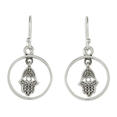 Sterling silver dangle earrings, 'Hamsa Circles' - Circular Hamsa Sterling Silver Dangle Earrings from Thailand