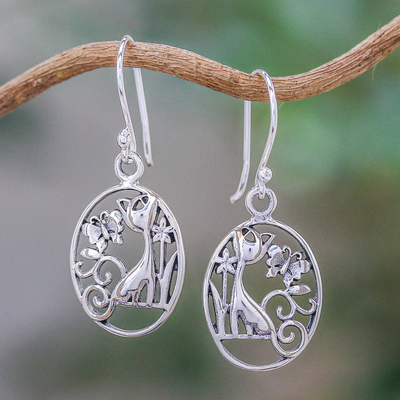 Sterling silver dangle earrings, 'Garden Friends' - Cat and Butterfly Sterling Silver Earrings from Thailand