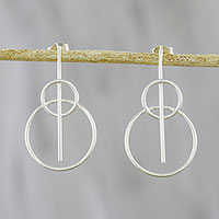 Sterling silver drop earrings, 'Rings of Light' - Circle-Motif Sterling Silver Drop Earrings from Thailand