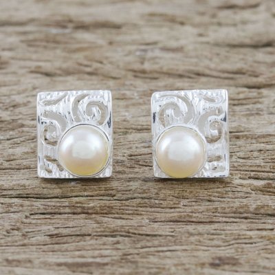 Cultured pearl button earrings, 'Glowing Harmony' - Spiral Motif Cultured Pearl Button Earrings from Thailand