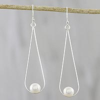 Cultured pearl dangle earrings, 'White Elegance' - Cultured Pearl and Silver Dangle Earrings from Thailand