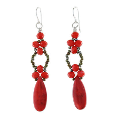 Red Calcite and Glass Dangle Earrings from Thailand