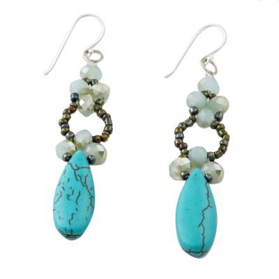Beaded dangle earrings, 'Exciting Adventure in Blue' - Blue Calcite and Glass Dangle Earrings from Thailand