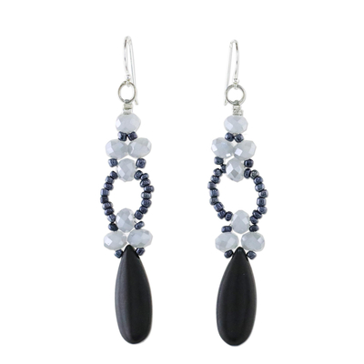 Black Calcite and Glass Dangle Earrings from Thailand