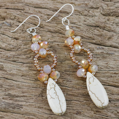 Beaded dangle earrings, 'Exciting Adventure in White' - White Calcite and Glass Dangle Earrings from Thailand