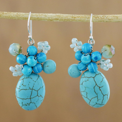 Calcite cluster earrings, 'Blue Holiday Dreams' - Handcrafted Modern Thai Cluster Earrings with Blue Calcite