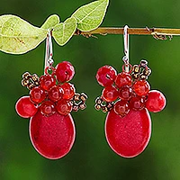 Calcite and quartz cluster earrings, 'Bright Holiday Dreams' - Modern Thai Cluster Earrings with Red Quartz and Calcite