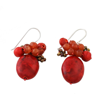 Calcite and quartz cluster earrings, 'Bright Holiday Dreams' - Modern Thai Cluster Earrings with Red Quartz and Calcite