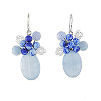 Quartz dangle earrings, 'Dreamy Cluster in Blue' - Quartz and Glass Bead Dangle Earrings from Thailand