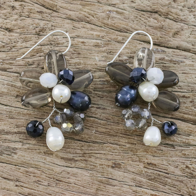 Smoky quartz and cultured pearl dangle earrings, 'Elegant Flora' - Smoky Quartz and Cultured Pearl Earrings from Thailand