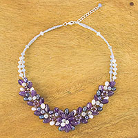 Amethyst and cultured pearl beaded necklace, 'Elegant Flora'