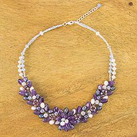 Amethyst and cultured pearl beaded necklace, 'Elegant Flora'