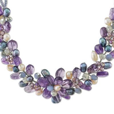 Amethyst and cultured pearl beaded necklace, 'Elegant Flora' - Amethyst and Cultured Pearl Beaded Necklace from Thailand
