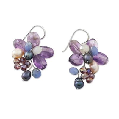 Amethyst and cultured pearl dangle earrings, 'Elegant Flora' - Amethyst and Cultured Pearl Earrings from Thailand