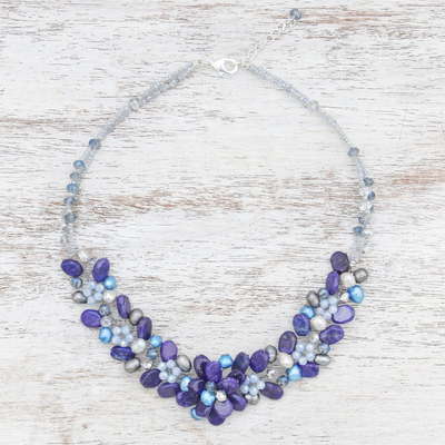 Lapis lazuli and cultured pearl beaded necklace, 'Elegant Flora' - Lapis Lazuli and Cultured Pearl Necklace from Thailand