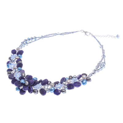 Lapis lazuli and cultured pearl beaded necklace, 'Elegant Flora' - Lapis Lazuli and Cultured Pearl Necklace from Thailand