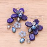 Lapis lazuli and cultured pearl dangle earrings, 'Elegant Flora' - Lapis Lazuli and Cultured Pearl Earrings from Thailand