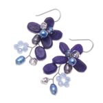 Lapis lazuli and cultured pearl dangle earrings, 'Elegant Flora' - Lapis Lazuli and Cultured Pearl Earrings from Thailand