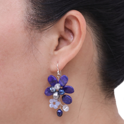 Lapis lazuli and cultured pearl dangle earrings, 'Elegant Flora' - Lapis Lazuli and Cultured Pearl Earrings from Thailand