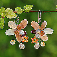 Quartz and cultured pearl dangle earrings, 'Elegant Flora'