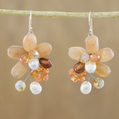 Quartz and cultured pearl dangle earrings, 'Elegant Flora' - Quartz and Cultured Pearl Dangle Earrings from Thailand