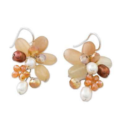 Quartz and cultured pearl dangle earrings, 'Elegant Flora' - Quartz and Cultured Pearl Dangle Earrings from Thailand