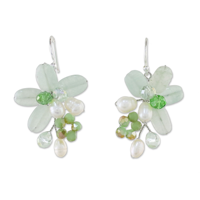 Quartz and cultured pearl dangle earrings, 'Elegant Flora in Green' - Green Quartz and Pearl Dangle Earrings from Thailand