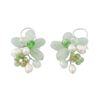 Quartz and cultured pearl dangle earrings, 'Elegant Flora in Green' - Green Quartz and Pearl Dangle Earrings from Thailand