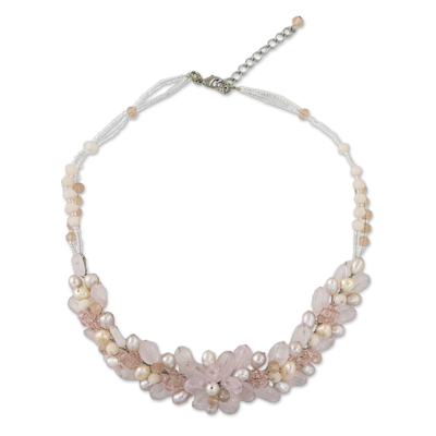 Rose Quartz and Cultured Pearl Beaded Necklace from Thailand