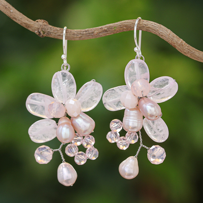 Rose quartz and cultured pearl dangle earrings, 'Elegant Flora' - Rose Quartz and Cultured Pearl Dangle Earrings from Thailand