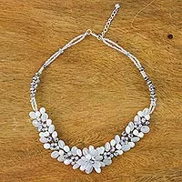 Quartz and cultured pearl beaded necklace, 'Elegant Flora in White' - White Quartz and Pearl Beaded Necklace from Thailand